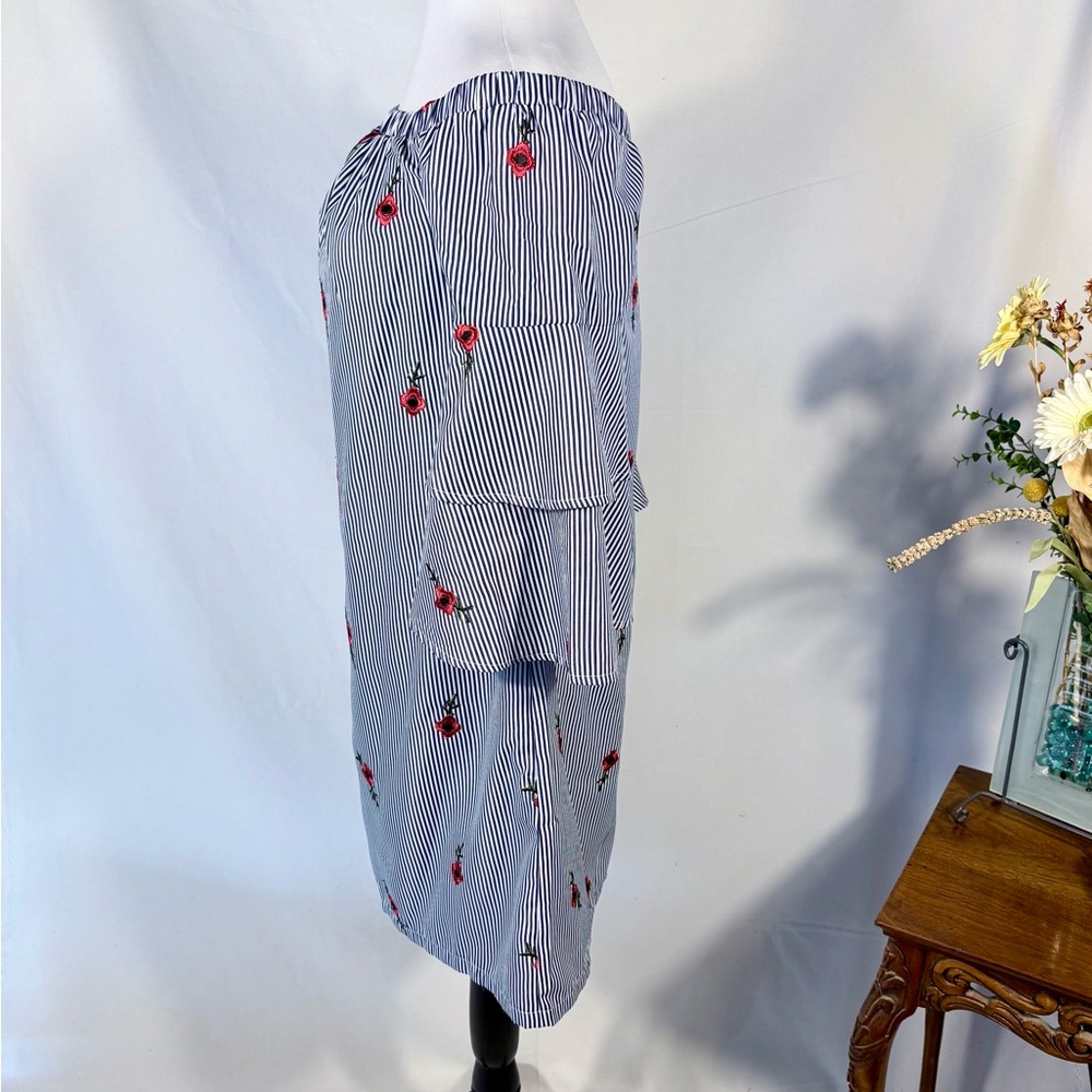 Betsey Johnson Off Shoulder Navy Stripe Embroidered Ruffle Sleeve Dress Sz 6💛 - Picture 6 of 11